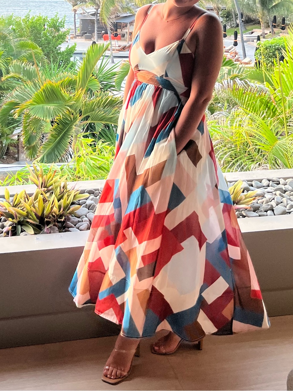 Banana Republic Multicolor Geometric Maxi Dress - White, Red, Blue, Brown